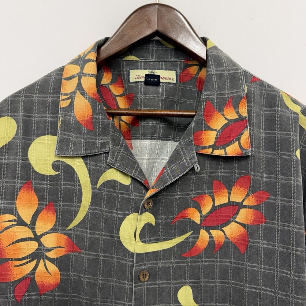 Tommy Bahama Relax Men's Size XL Floral Hawaiian Silk Camp Gray/Orange Shirt euc